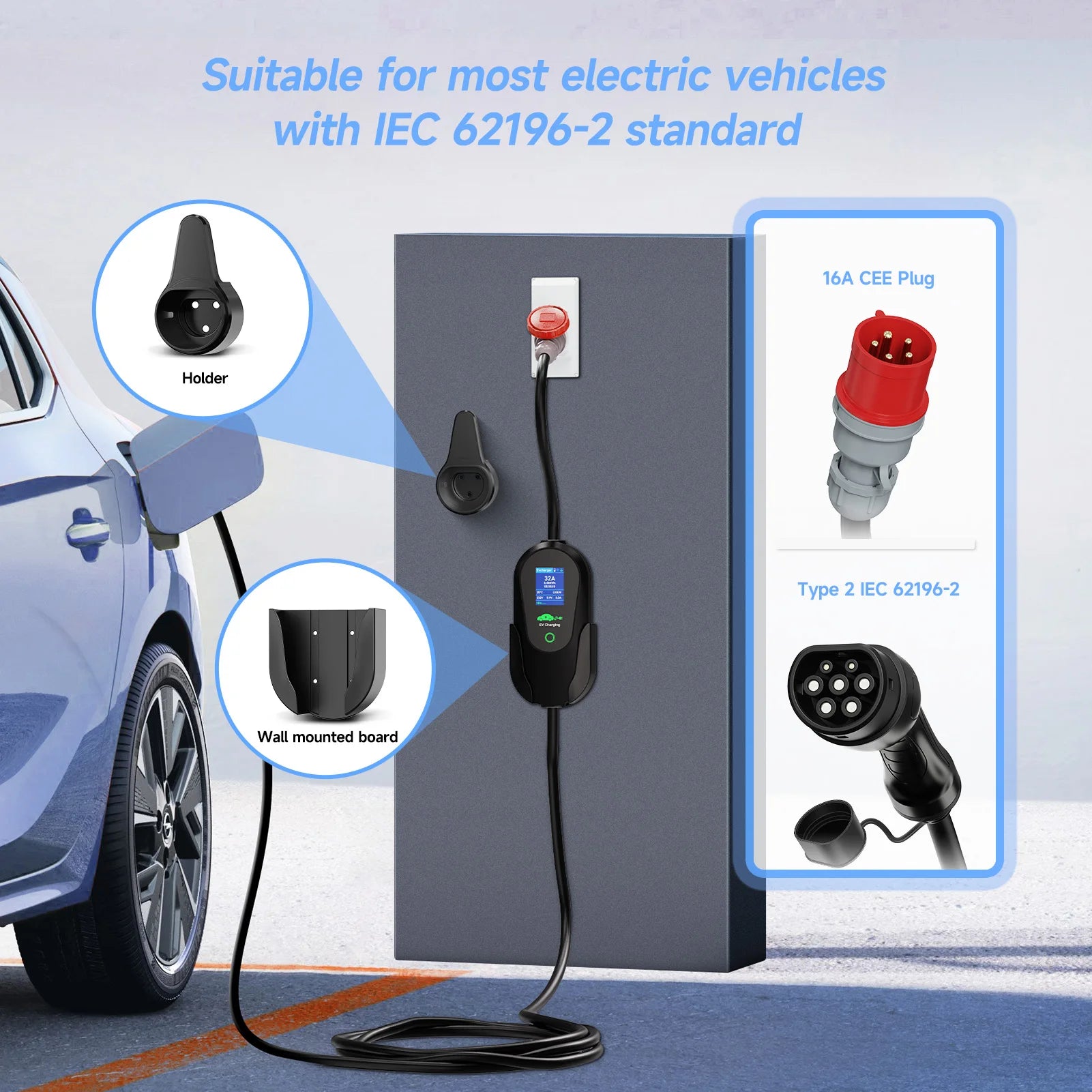 AFEEV 11KW 16A 3Phase Portable EV Charger Type2 IEC62196-2 Fast Charging Cable GB/T 20234 Wallbox EVSE CEE Plug WiFi APP Control