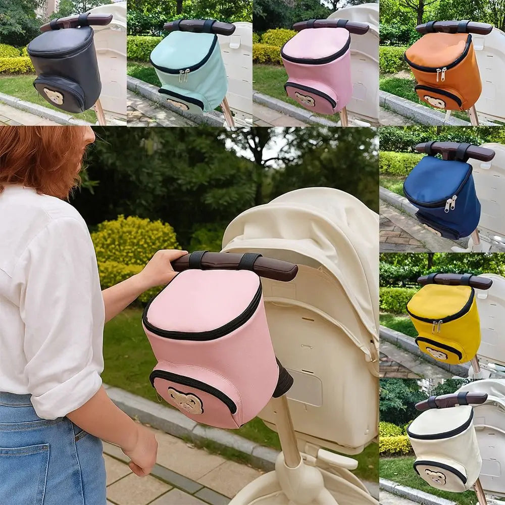 Portable Waterproof Baby Stroller Hanging Bag Cartoon Bear PU Leather Umbrella Cart Bags Large Capacity Mommy Storage Bag