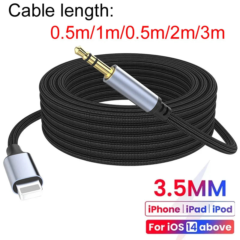 1m/1m/2m For Iphone 14 Plus 13 Pro 8 Pin To 3.5mm Jack Male Aux Cable Apple 12 11pro Max Xr Car Converter Earphone Audio Adapter
