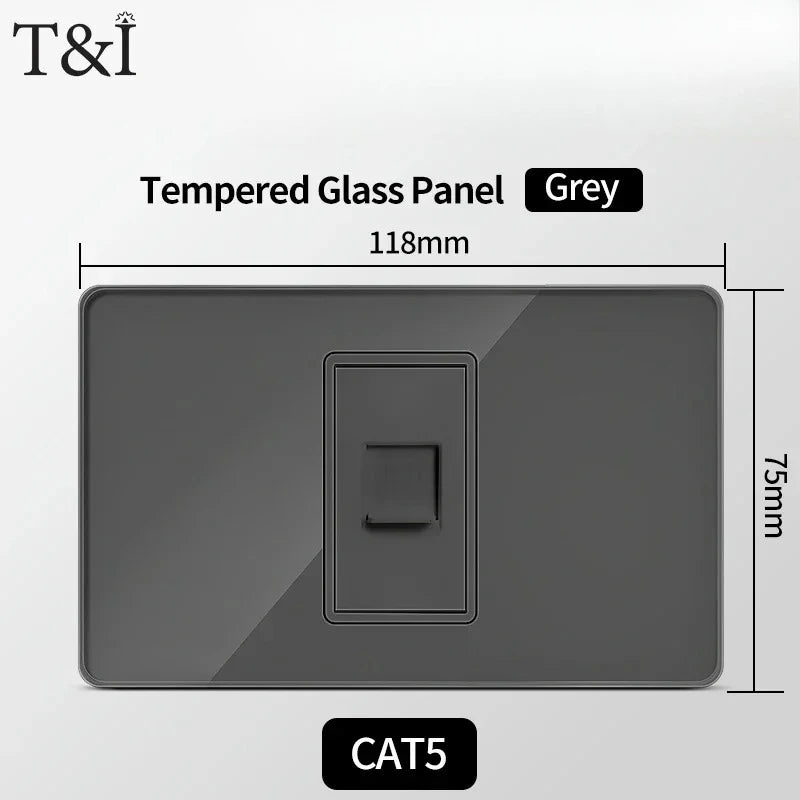 118*75mm TEMPERED GLASS SWITCH PANEL Wall Socket with USB Type - C, Grey US Switch, Thai Plug for Home & Office Use