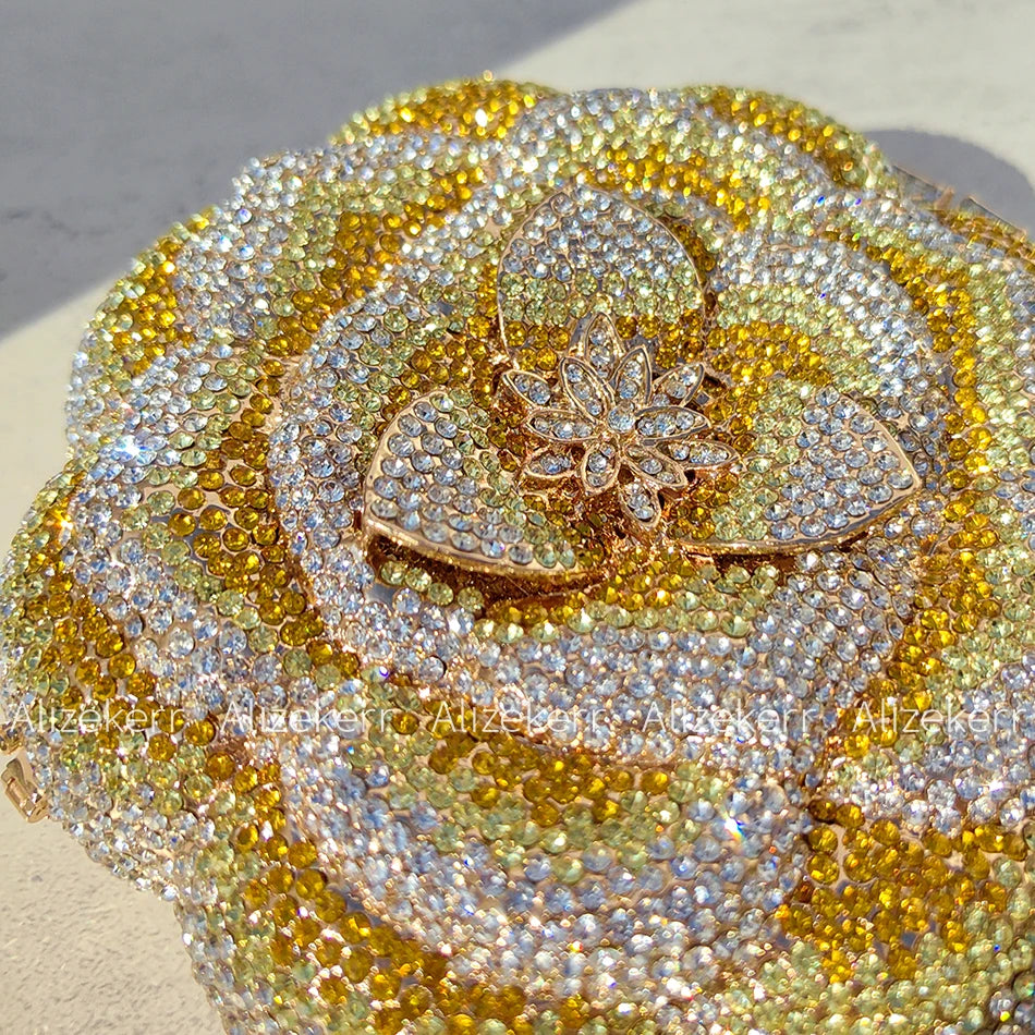 Alizekerr Rose Shaped Crystal Evening Bags Women Gorgeous Boutique Diamond Metal Clutch Purses And Handbags Bridal Wedding Party