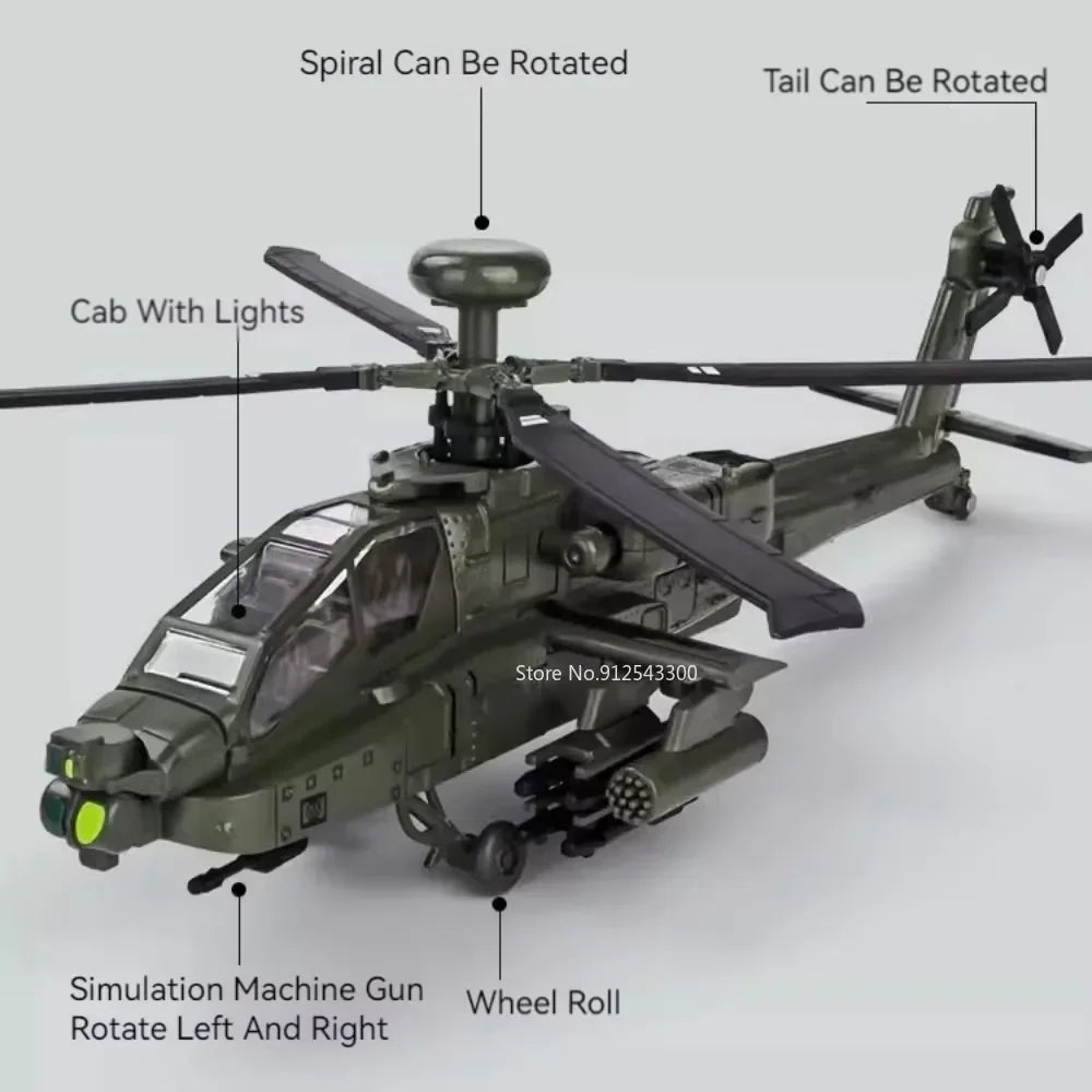 1:32 Scale AH-64 Airplane Model Toy Car Alloy Diecast Rotatable Propeller Sound Light Fighter Vehicle Models for Kids Gifts
