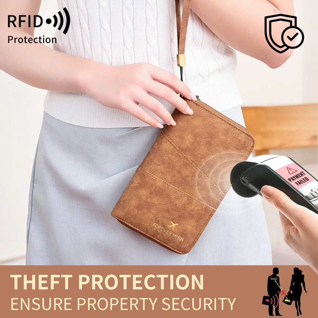 Travel Family Passport Holder RFIDShielded Large-Capacity Document Zippered Storage Wallet PU Clutch Bag Unisex Travel Accessory