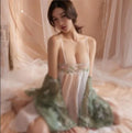 Ancient Hanfu Republic Style Lace Up Embroidered Nightgown Set with Bellyband T-pants See Through Skirt Sexy Lingerie for Women