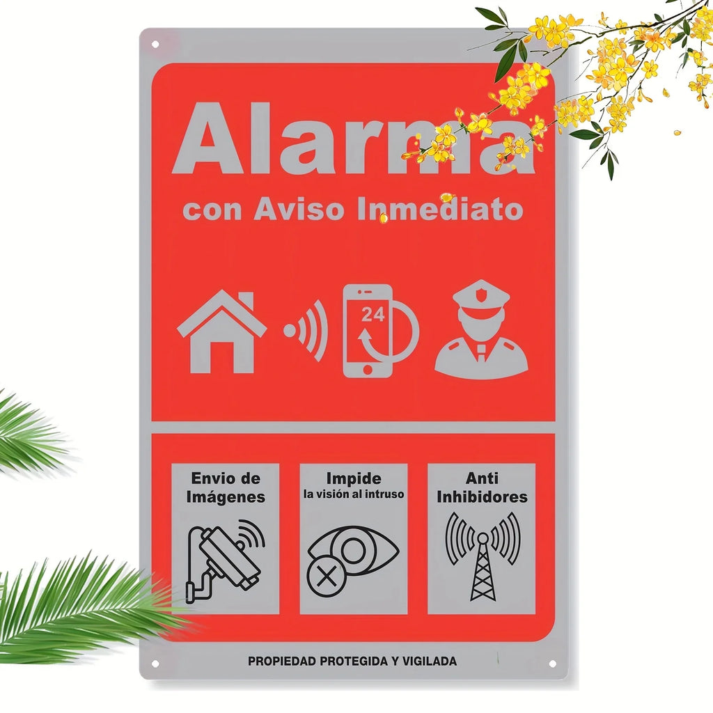 Vintage Spanish Alarma Alarm Metal Sign -  Red & White Retro Security Wall Art, Durable Tinplate with 24/7 Monitoring