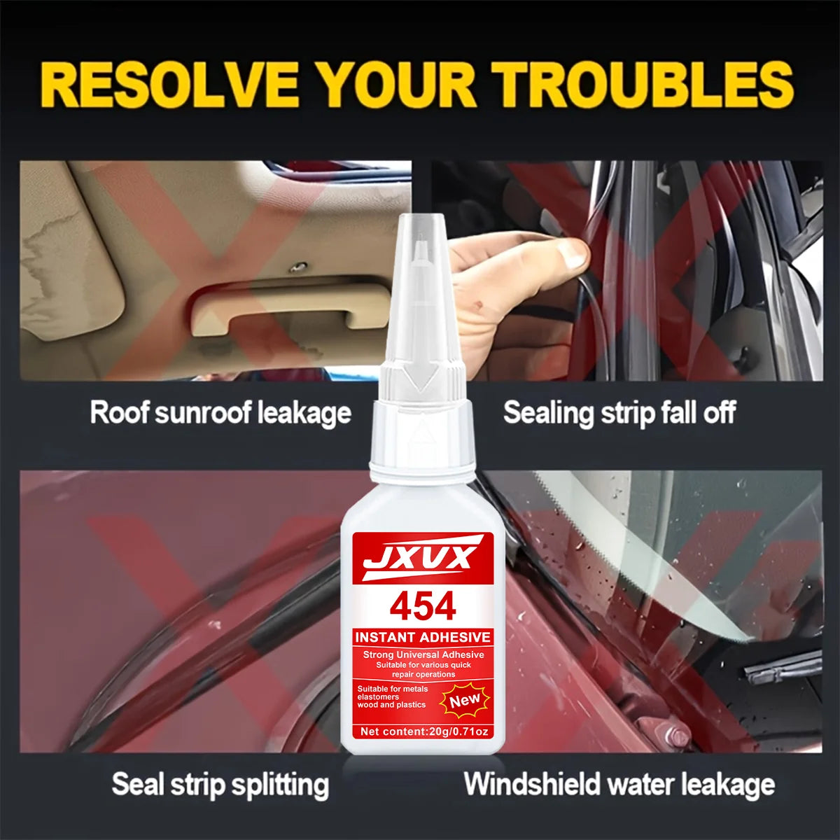 JXVX 454 Medium-thin universal Super Glue Instant Quick-drying Cyanoacrylate Adhesive Car audio systems, interior trim, and weatherstrip repair Glue Tool with precision dispenser 20g,1-3pcs.
