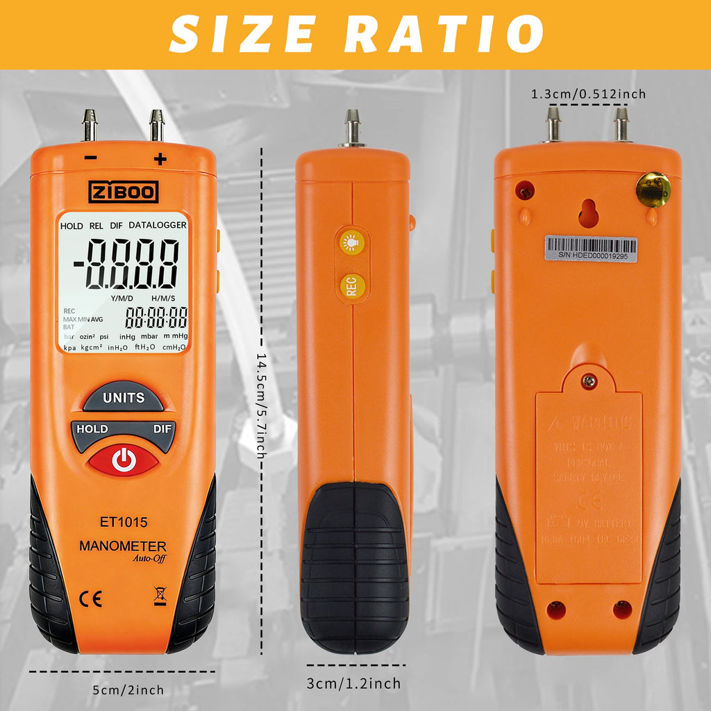 ZIBOO ET1015 Digital Manometer, Dual Port Differential Pressure Gauge, ±100 PSI Air and Gas Pressure Tester.