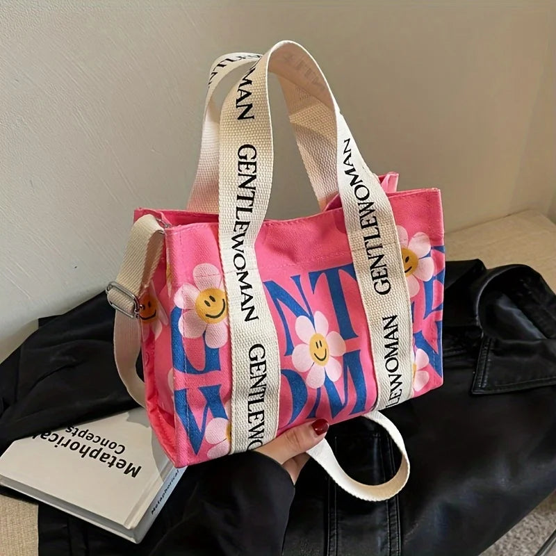 Dopamine Colorful Women's Crossbody Bags Fashionable Canvas Shoulder Bag Flower Print Tote Handbags Shopping Bag