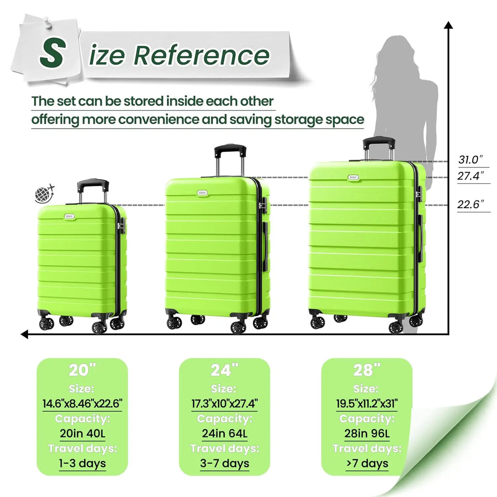 3 Piece PC ABS Hardshell Luggage Set Lightweight Travel Suitcases 4 Double Spinner Wheels TSA Lock, Customized