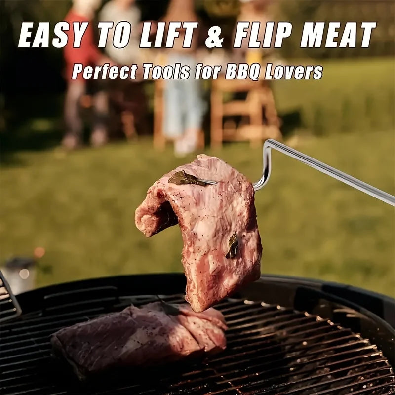 BBQ Meat Flipper Hook Outdoor Camping Food Turner Hook with Wooden Handle Reusable Barbecue Food Flipper Grilling Cooking Tool