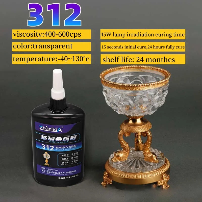 312 UV Shadowless Adhesive Clear Plastic Super Glue Soft Bonding Acrylic Rubber Glass Metal Jewelry With Flash Light Fast Curing