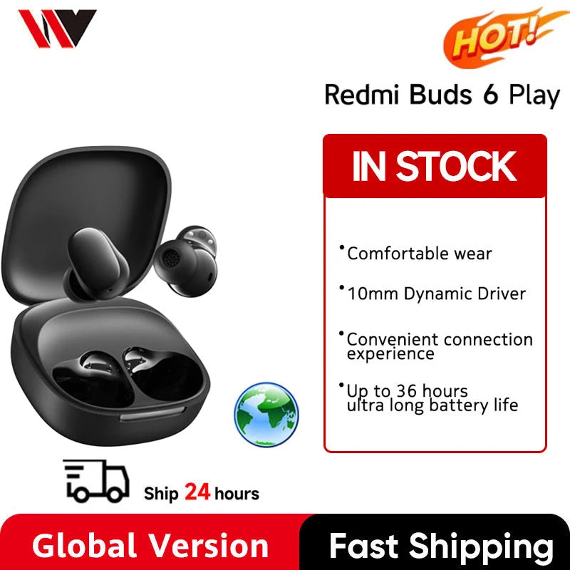Global Version Redmi buds 6 Play Earphone 10mm Dynamic Driver AI noise cancellation for calls Bluetooth 5.4 TWS Headphone