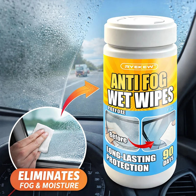 RYEKEW Car Glass & Interior Anti-Fog Wipes — Long-Lasting 90-Day Protection, Clear Visibility, Anti-Fog Cleaning Wipes