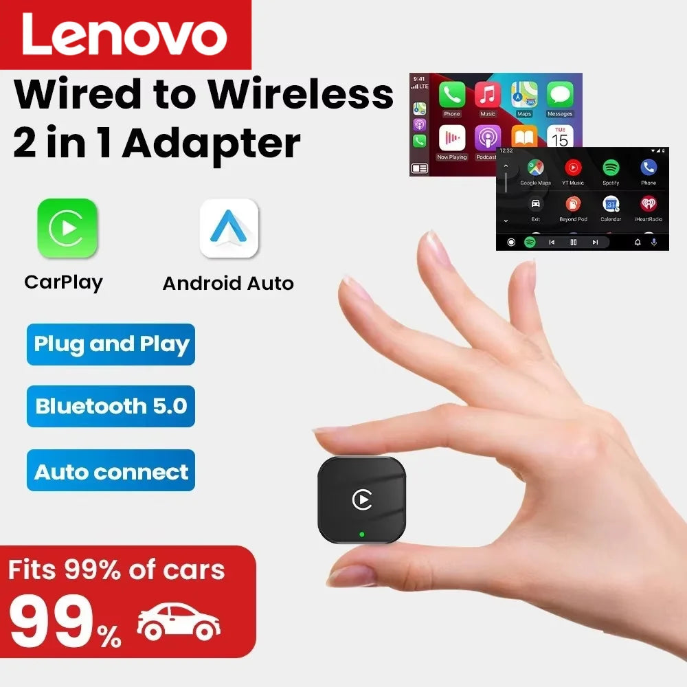 Lenovo Mini Carplay AI Box Wired to Wireless CarPlay/Android Auto 2in1 Box 5GHz WiFi5 for 99% Original Wired CarPlay/Auto Car