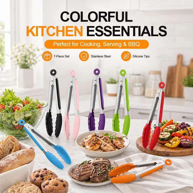 8 Inch Silicone Kitchen Tongs Heat Resistant BPA-Free Stainless Steel BBQ Grill Food Tongs Anti-Slip Cooking Clip for Steak