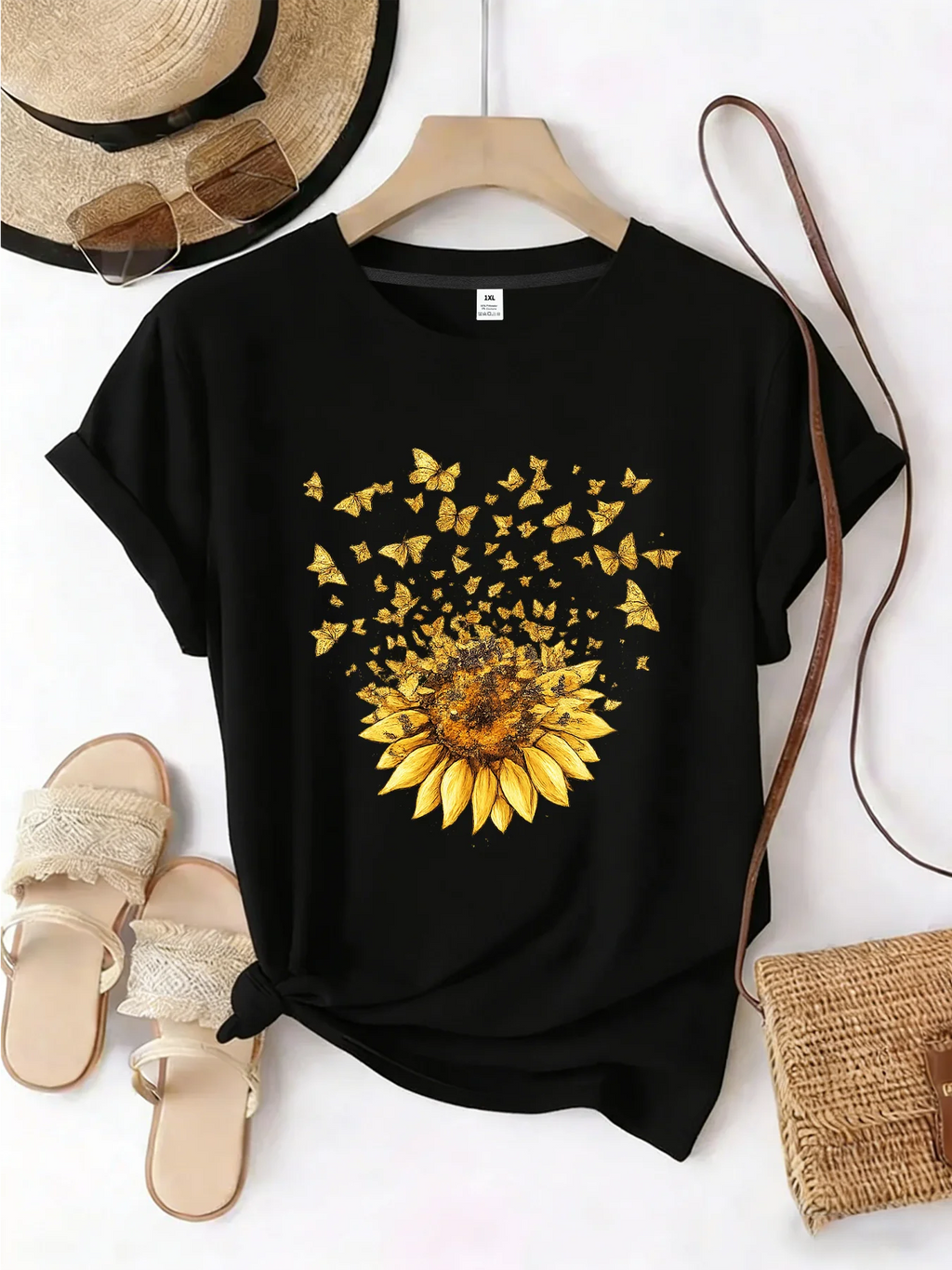【WZM101379】Creative sunflower print plus size women's round neck summer casual short sleeved street fashion versatile T-shirt