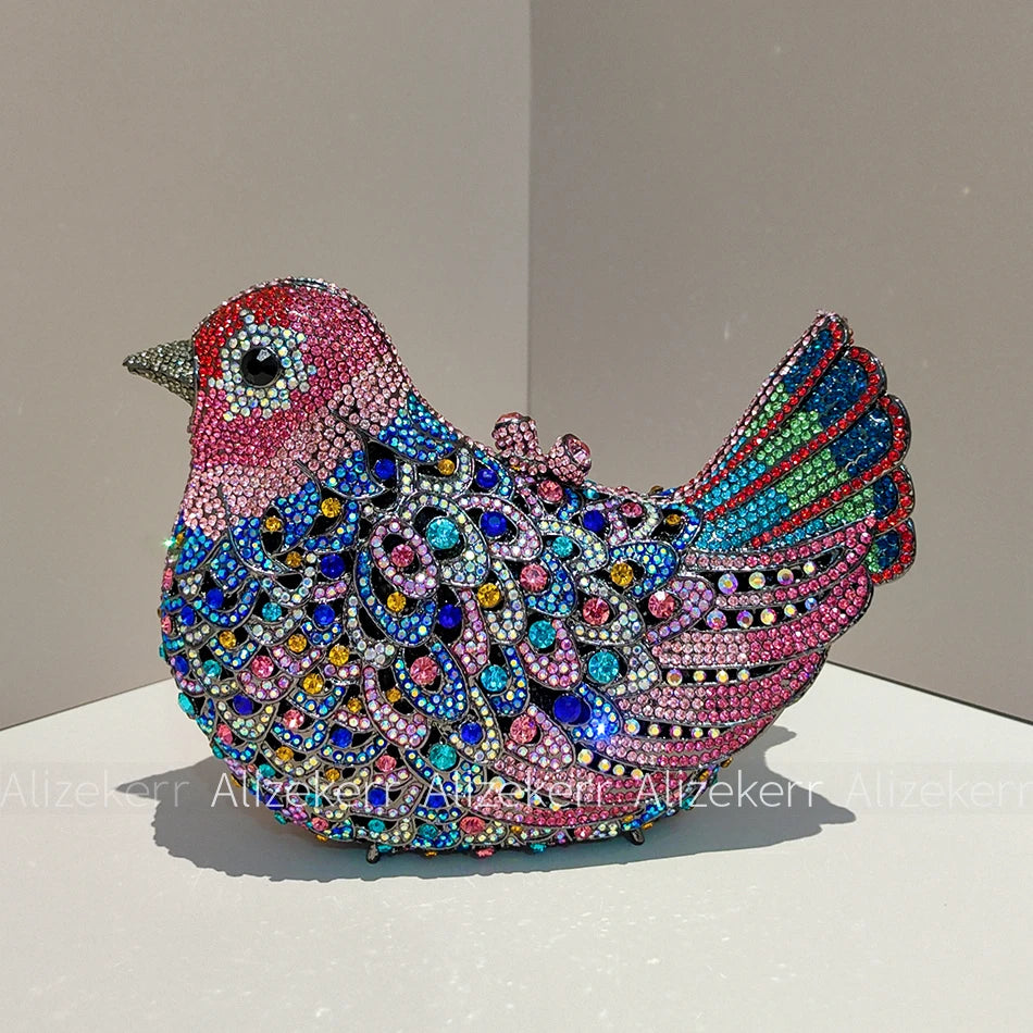 Alizekerr Pigeon Shaped Crystal Evening Bags Women Gorgeous Rhinestone Metallic Bird Clutch Purses Ladies Unique Handbags Party