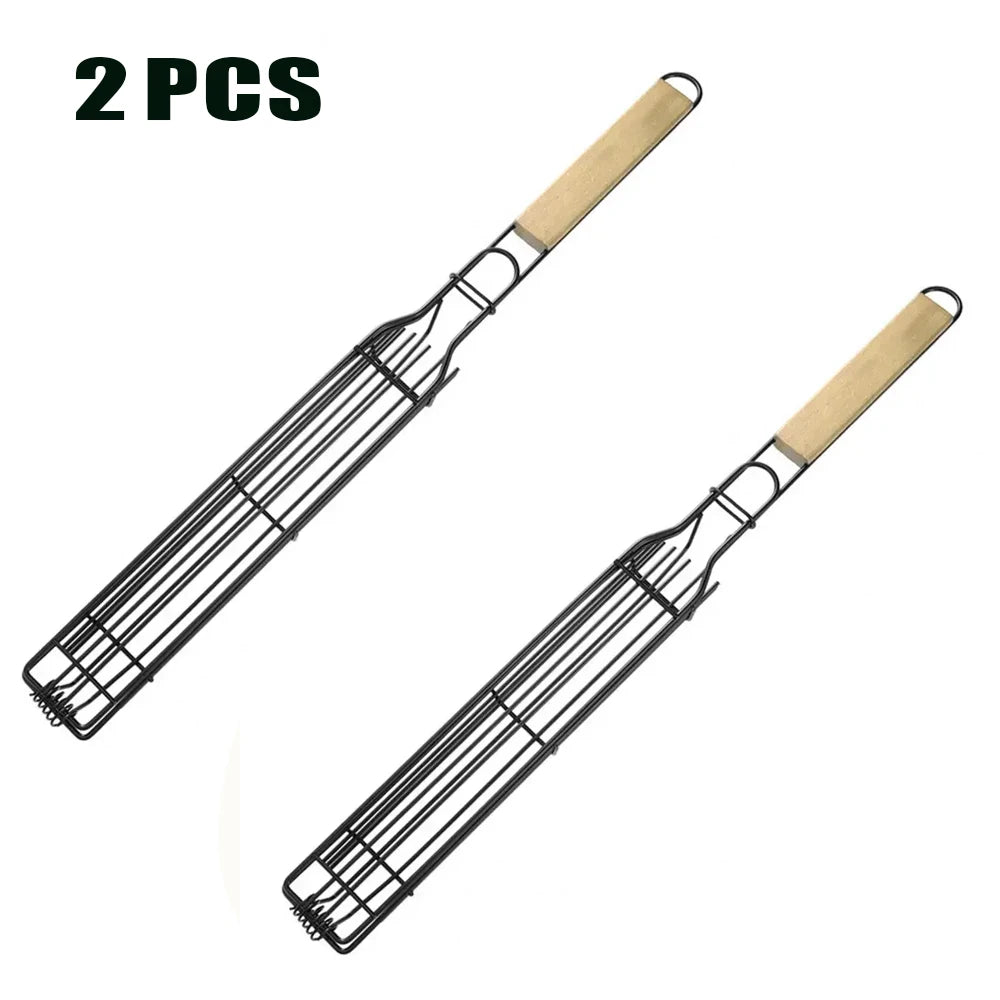 Camping Grill Grate Foldable BBQ Grill Basket Duty Non Stick Mesh Tray Wooden Handle Accessories for Sausage Fish Vegetables BBQ
