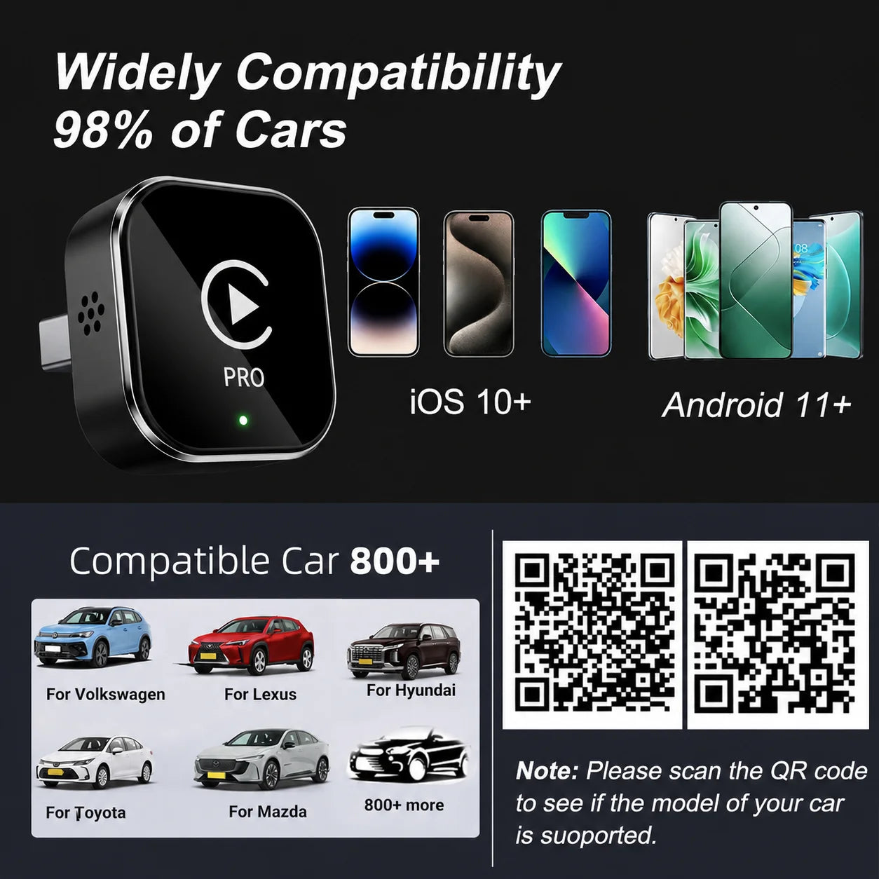 The Mini CarPlay Wireless Adapter and Android Auto Wireless Adapter convert wired CarPlay to wireless CarPlay. They come with GPS tracking capabilities and allow you to view your vehicle's real-time route and location on your