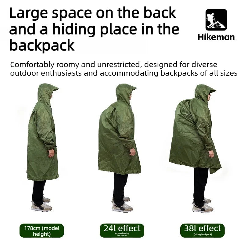 Lightweight Long Outdoor Raincoat PU5000 Waterproof 210T Polyester Poncho Adjustable Hood Fits Backpack Hiking Camping Fishing