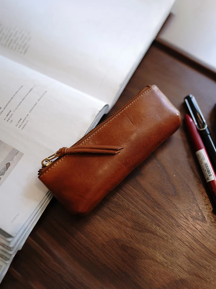 Simple leather pencil bag men and women large capacity high school students stationery bag makeup brush sub pen bag