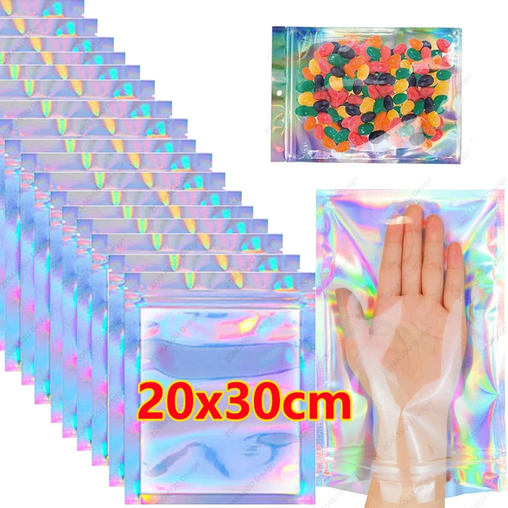 400-1PCS Color Laser Sealing Bags Plastic Holographic Candy Food Pouch Resealable Necklace Jewelry Gift Packaging Storage Bag