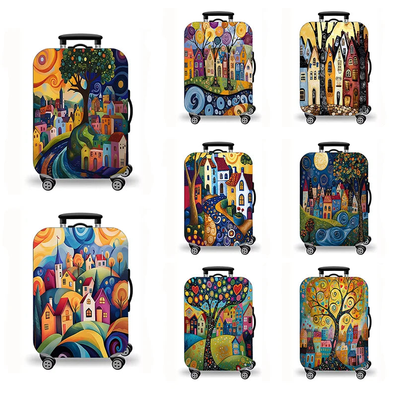 Luggage Cover, Colorful Fairy Tale Town Folk Art Print Stretch Suitcase Protector, Washable Anti-Scratch Travel Baggage Cover