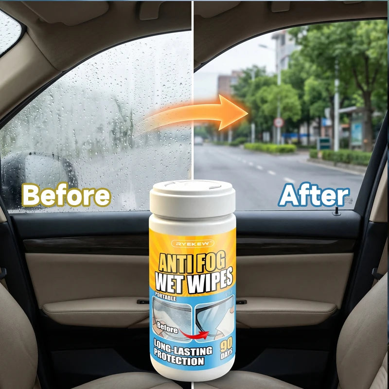 RYEKEW Car Glass & Interior Anti-Fog Wipes — Long-Lasting 90-Day Protection, Clear Visibility, Anti-Fog Cleaning Wipes