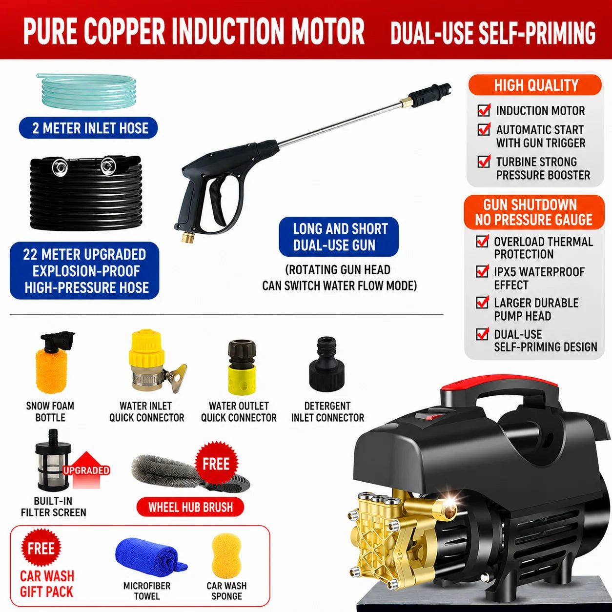 220V Portable Electric Pressure Washer 800W Mini Car Wash Machine High Pressure Water Gun Cleaning Pump For Home Garden Vehicle