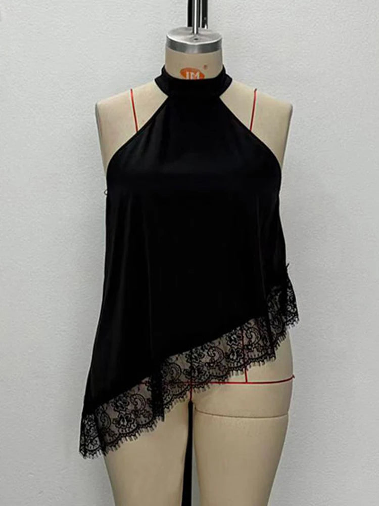 New Plus Size Elegant Black Satin Halter Neck Sleeveless Vest Korean Popular Asymmetrical Hem Lace Plus Size Top Women's Clothes
