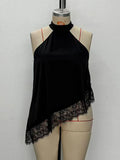 New Plus Size Elegant Black Satin Halter Neck Sleeveless Vest Korean Popular Asymmetrical Hem Lace Plus Size Top Women's Clothes