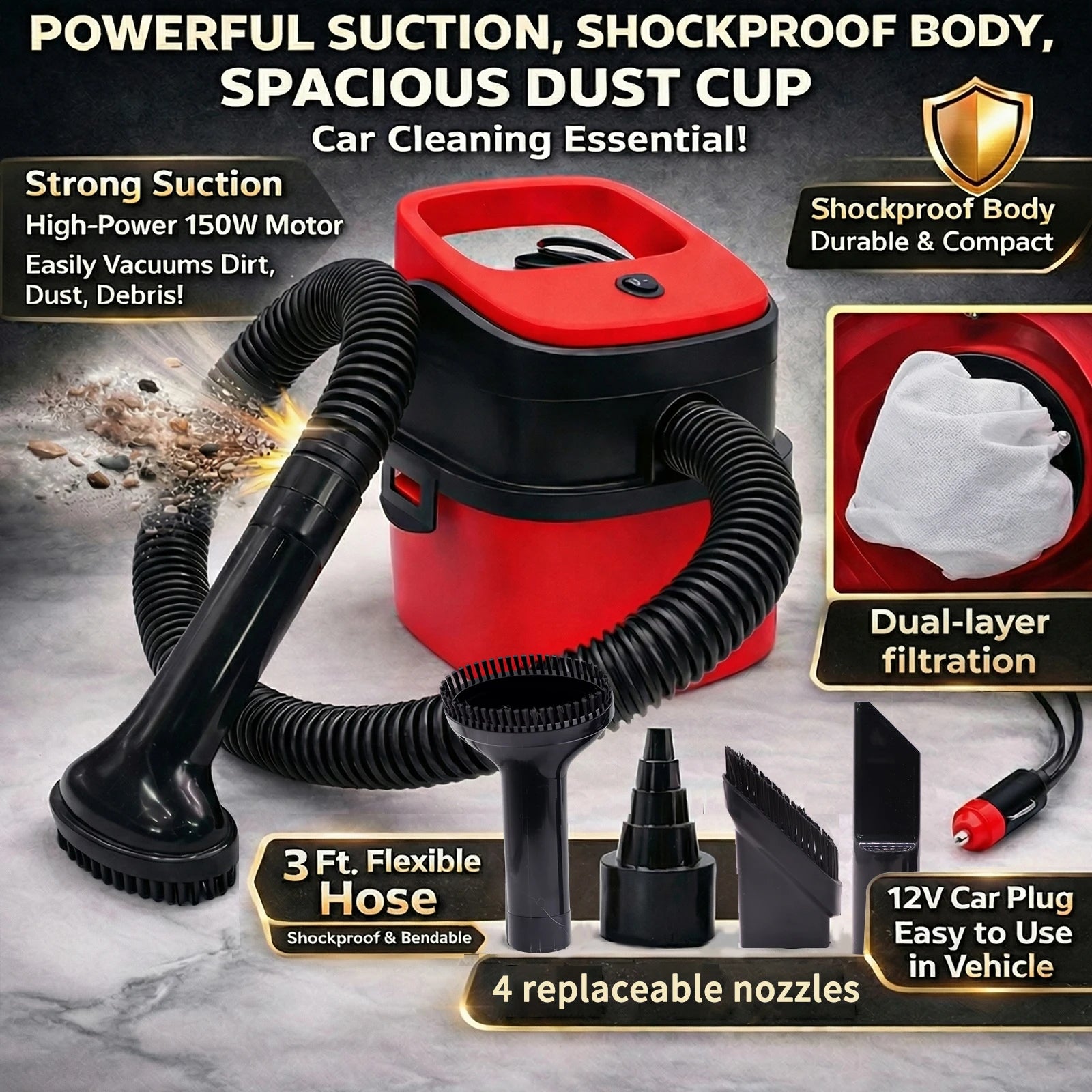 3in1 Handheld Car Vacuum Cleaner Wet Dry Use Powerful Suction Large Capacity Easy to Clean Suitable for Car Interior Cleaning