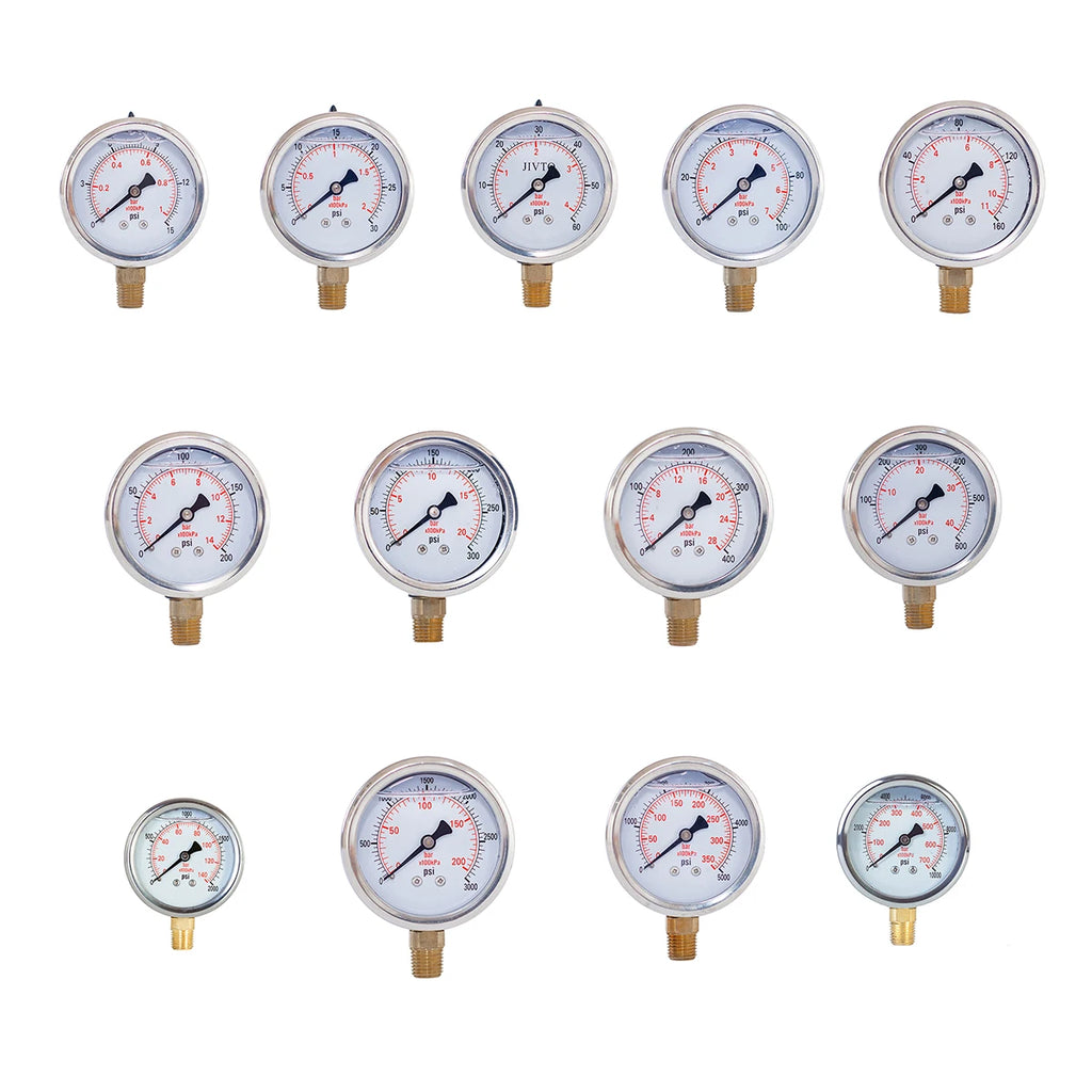 JIVTO Glycerine Filled Pressure Gauge 2.5" 1/4 NPT Lower Mount 30, 60,100,160, 200, 300, 400,600,2000,3000,5000,10000 Psi & Bar