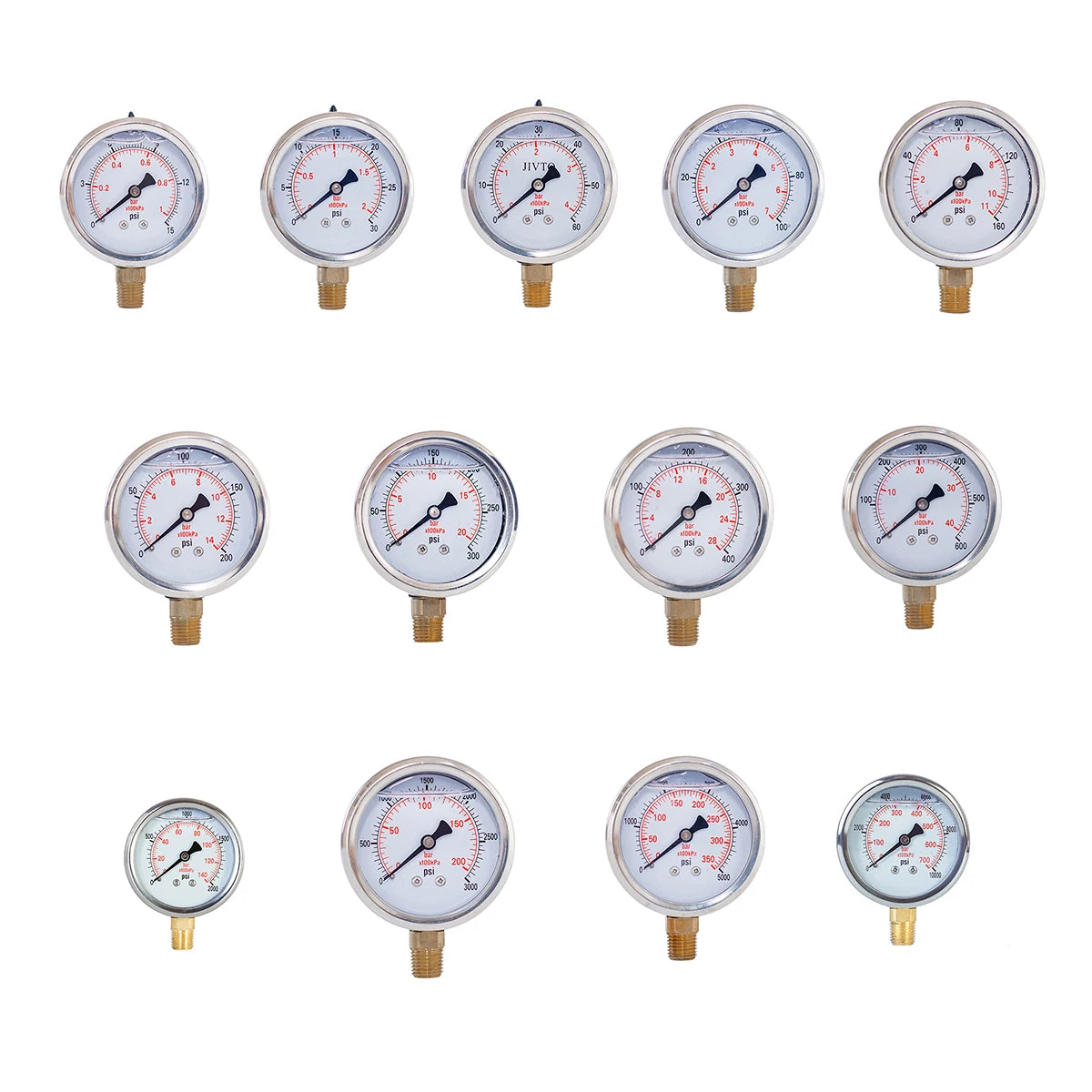 JIVTO Glycerine Filled Pressure Gauge 2.5" 1/4 NPT Lower Mount 30, 60,100,160, 200, 300, 400,600,2000,3000,5000,10000 Psi & Bar