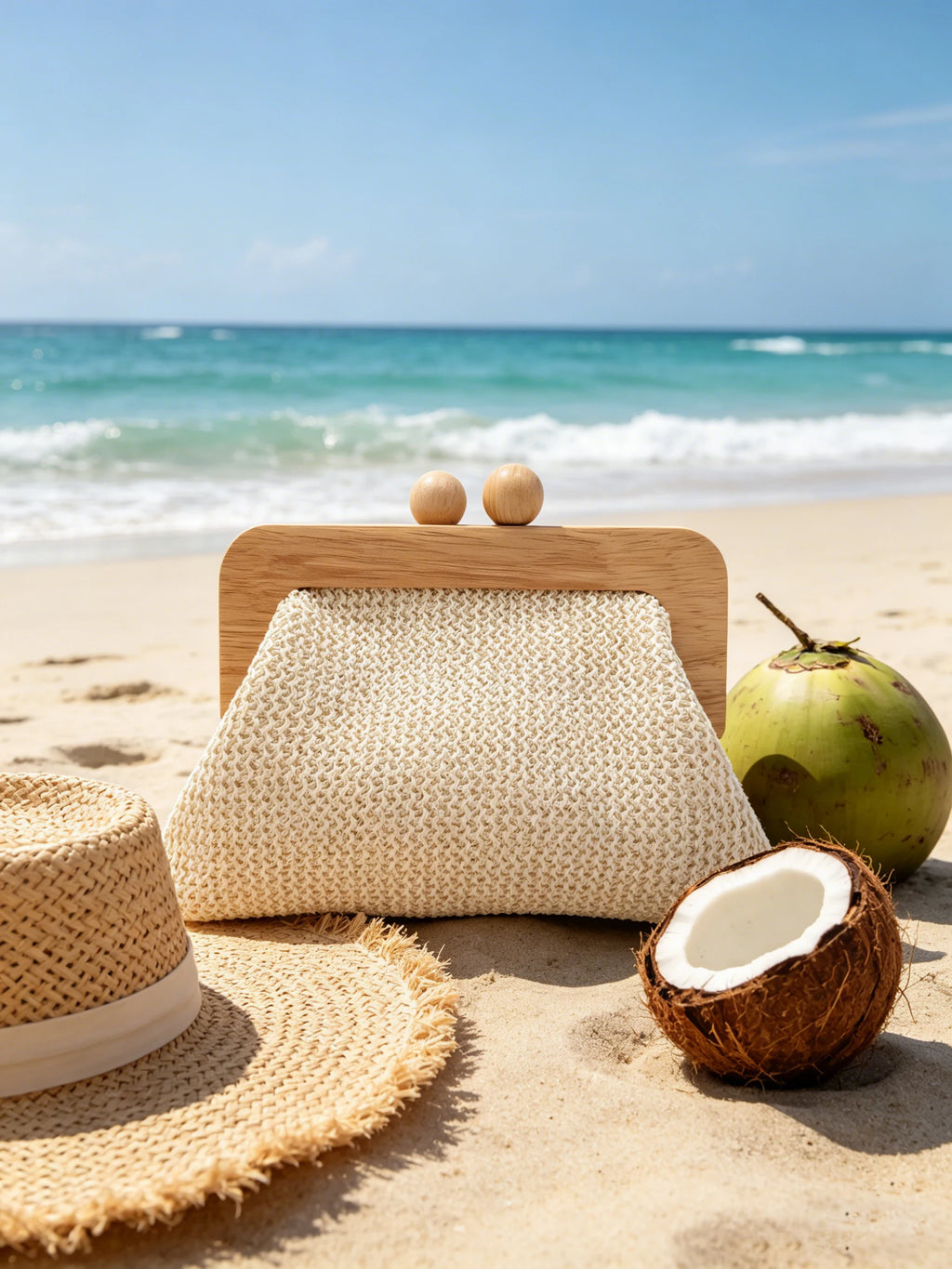 Summer bestseller straw woven clutch for women, wooden frame woven bag, bohemian style beach vacation bag. Off-white high-end te