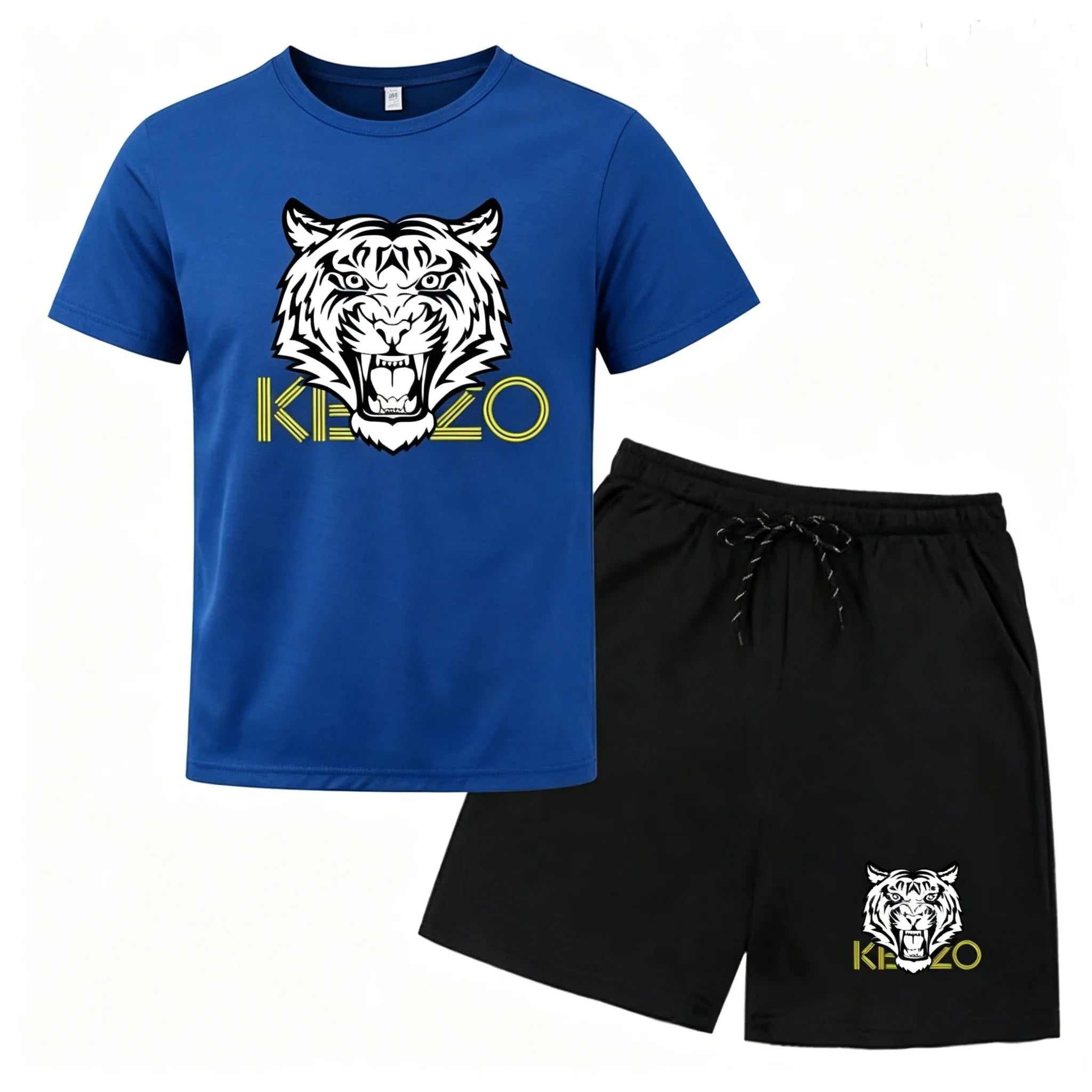 Summer new tiger head print casual suit men's short sleeved T-shirt+shorts two-piece set
