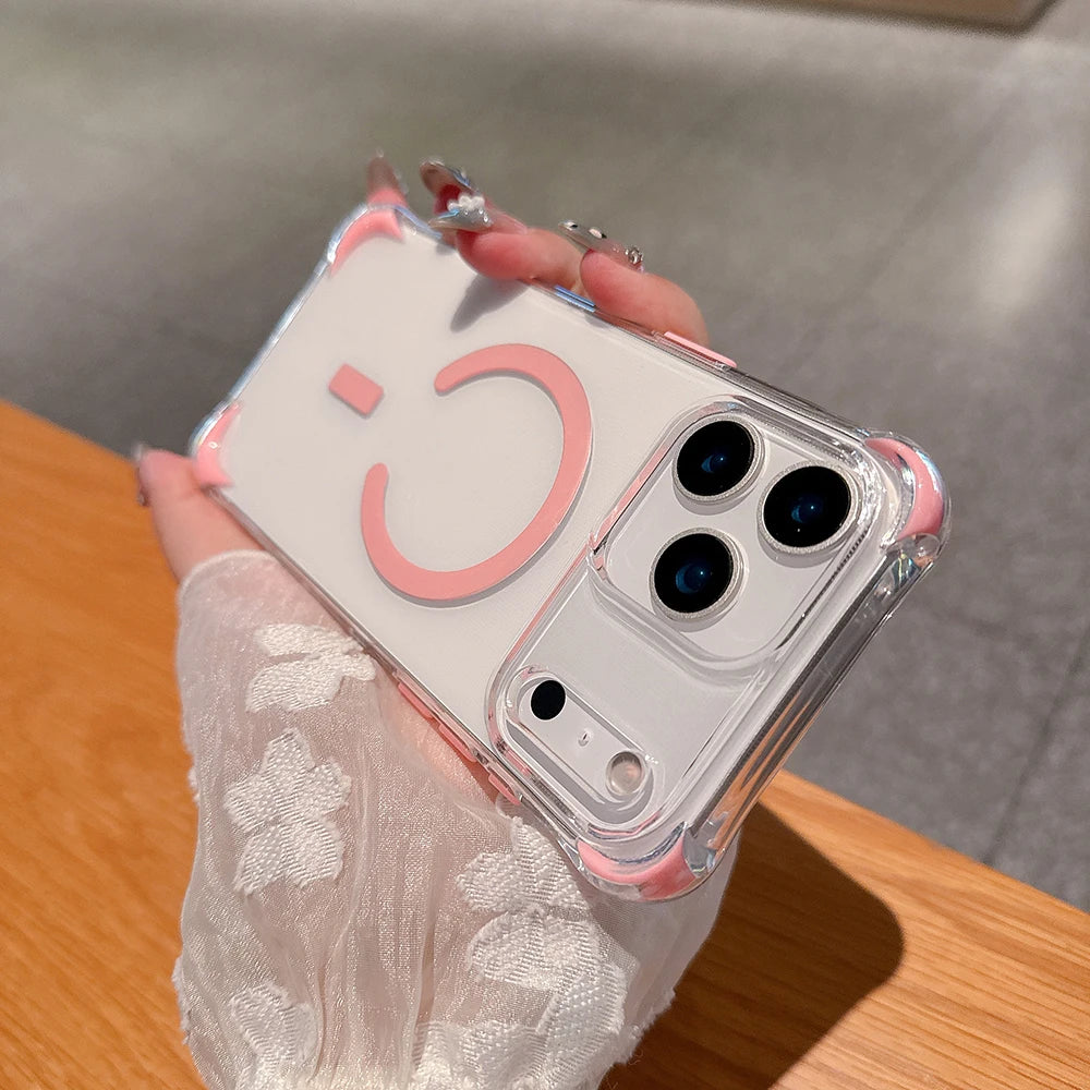 Trendy INS Clear Magnetic Charging PC Case For IPhone 17 Air 16 15 14 Plus 13 12 Pro Max Four-Coner Airbag Shockproof Hard Cover