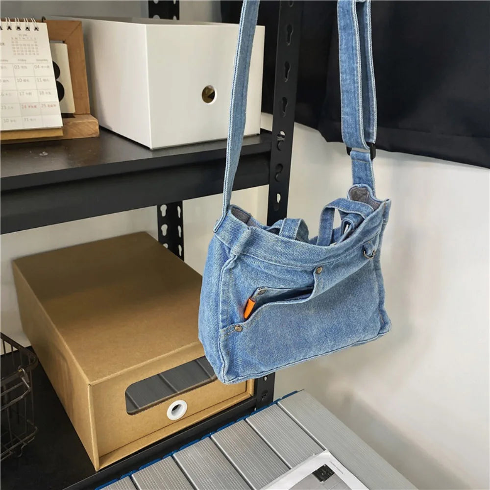 Fashion Large Capacity Denim Crossbody Bag Handbag Commute Canvas Tote Bag Simple Small Square Bag Cloth Shoulder Bag Boys
