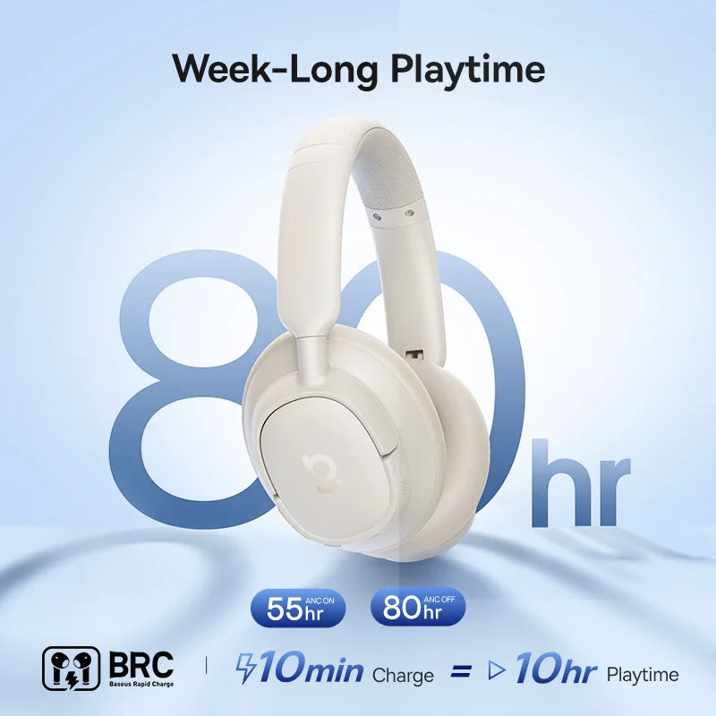 Baseus Bass EH10 NC Wireless Headphones Bluetooth 6.0 Noise Canceling 45dB Over Ear HeadsetSpatial Audio Earphone 80H Time