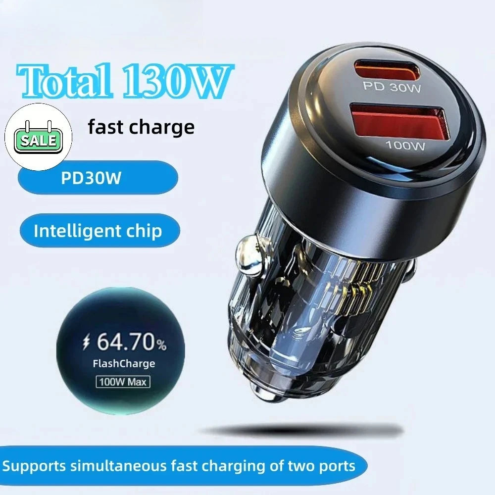 Total 130W USB Car Charger Adapter Fast Charging Type C Quick Charger in Car for iPhone 15 Xiaomi 14 Huawei Mobile Phone Charger