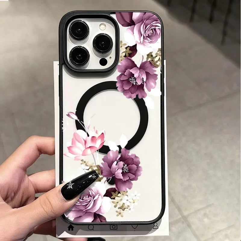 For iPhone 17 16 15 14 12 11 Pro XS Max Air 16e 17e Purple Floral MagSafe Clear Shockproof Magnetic Wireless Charge Phone Case