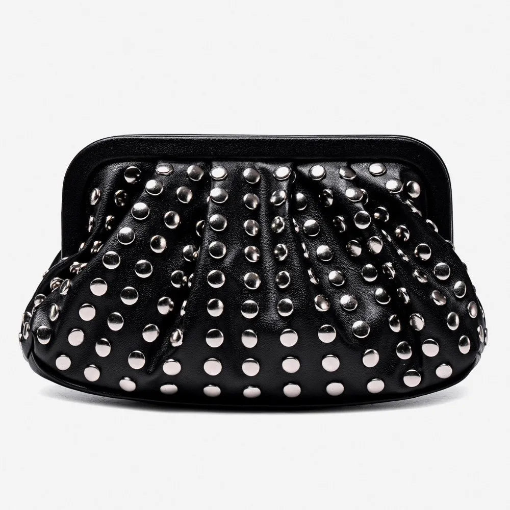 Vintage Clutch Purse Rivet Detail PU Leather Shell Shape Wallet Magnetic Buckle Pleated Design Handheld Evening Bag for Women