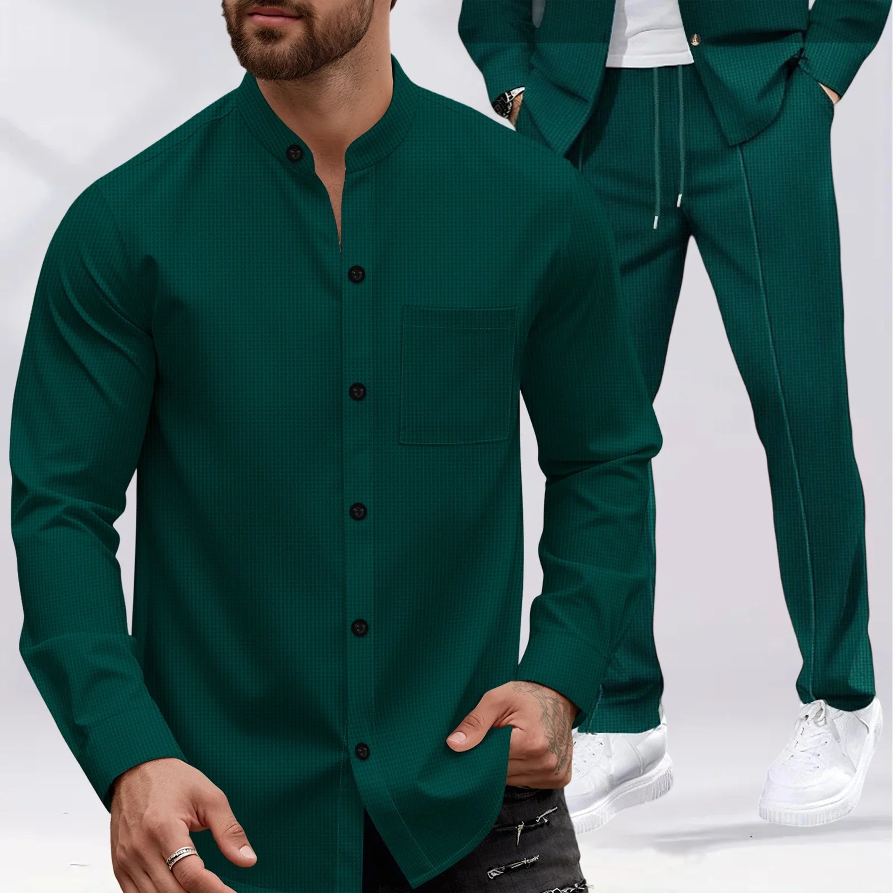 Men's Waffle-Knit Lounge Se Stand-Collar Long-Sleeve Jacket with Pockets&Drawstring Pants Versatile Comfortable Clothing Set for