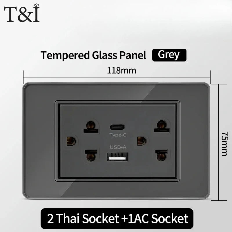 118*75mm Tempered Glass Socket US Wall Socket Grey Thai USB Socket Plug with Dual USB Type-C Ports,Light Switch 110V