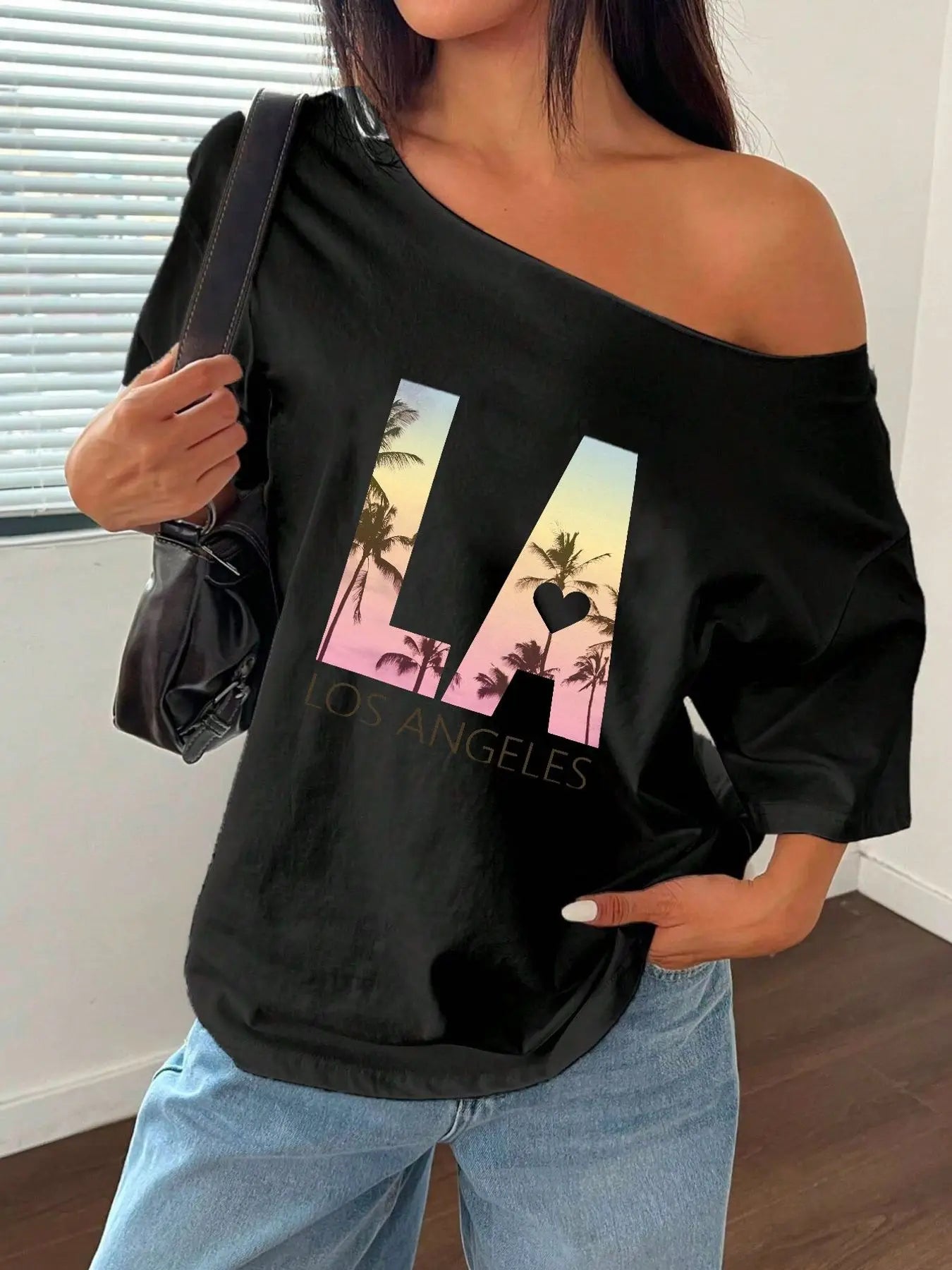 100% Cotton Plus Size Los Angeles Palm Tree Sunset Graphic Shoulder Loose Print T-Shirt Oversized Y2K Style Graphic Tees Wome