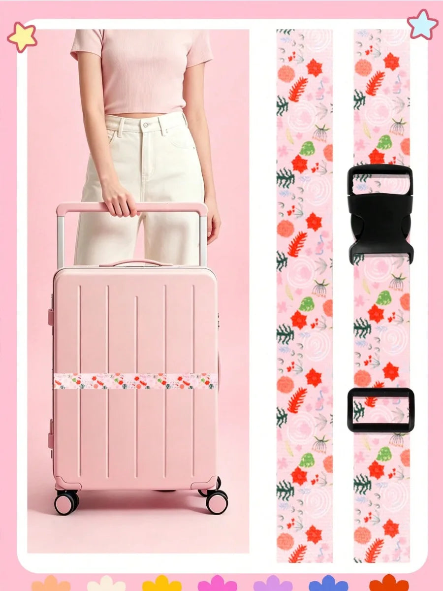 Adjustable Luggage Strap for Suitcase, Cute Print Travel Luggage Belt with Buckle, Soft Fabric Anti-loose Suitcase Binding Strap