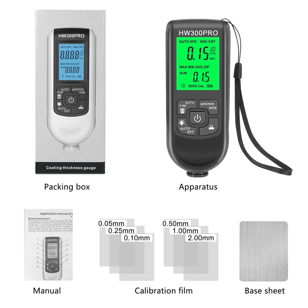 HW300PRO Thickness Gauge for Cars Film Automatic Thickness Gauge 0-2000UM Fe NFE Coating Meter Automotive Paint Thickness Tester