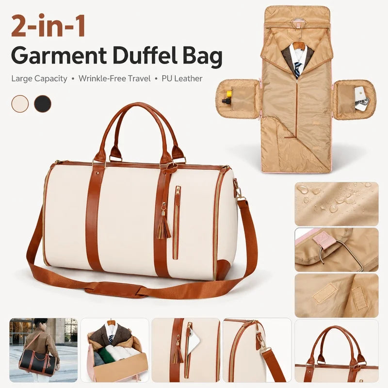 Foldable Garment Travel Bag, PU Leather Suit Duffel Bag Large Capacity Weekender Carry On Gym Bag for Men Women
