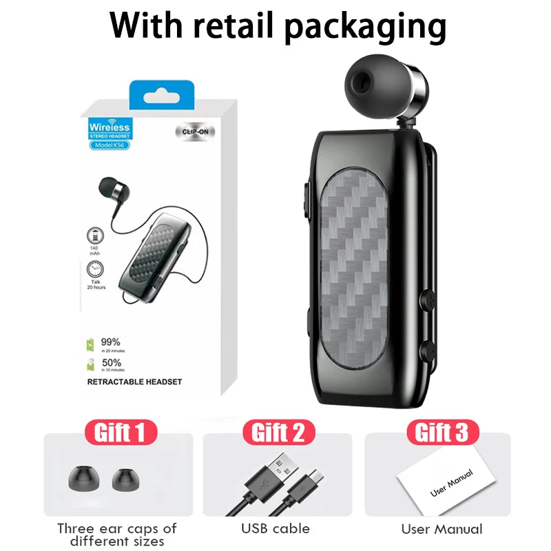 Wireless Bluetooth Headset Clip Ears In Lotus With Wire Headphone  Retractable Wire Stereo Handsfree Earbuds Ear Blues For Phone