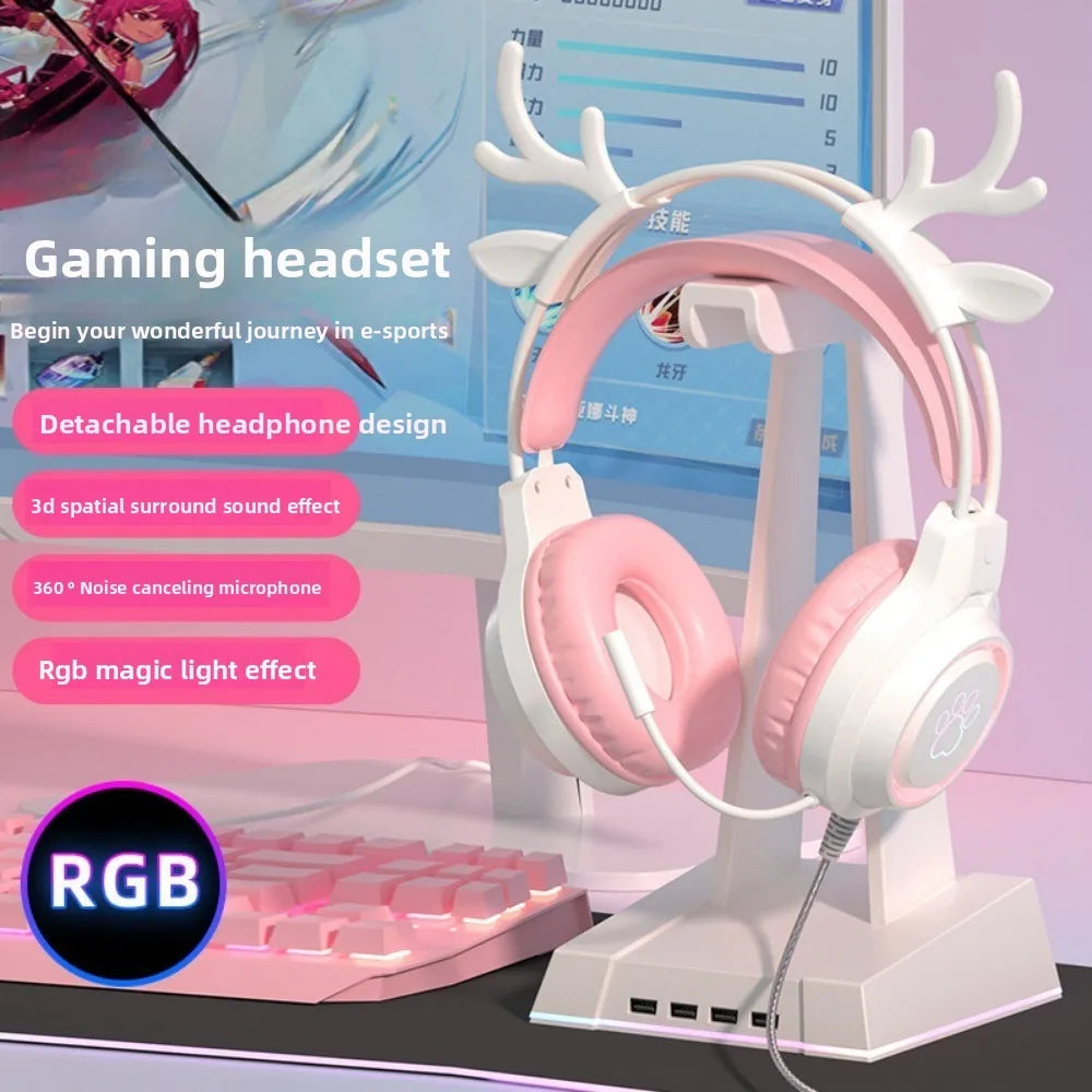 RGB Gaming Earphones with High-Definition Flexible Microphone 3.5mm Gaming Earphones Detachable Cat Ears and Deer Antlers